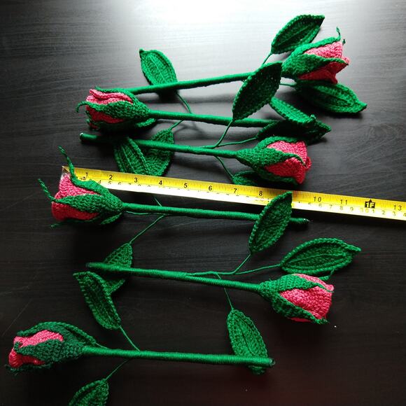 Red Crochet Rosebuds Last Forever 9" long stem rose unique faux flower cottage - Picture 11 of 15